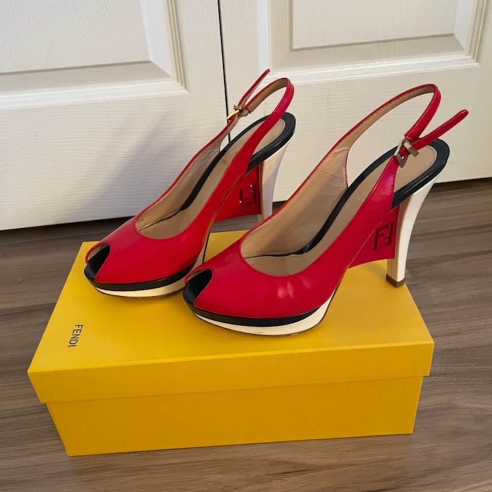 Fendi Red Peep-Toe Slingback Heels